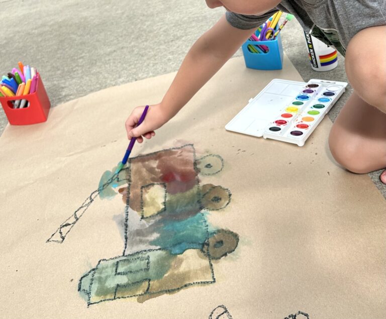 Drawing with shapes outside, watercolor paints and mixing colors
